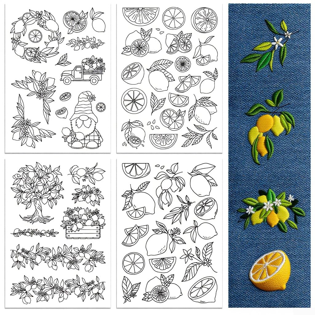 peacoblue Water Soluble Embroidery Patterns for Beginners 4 Sheets Lemon with 55pcs Patterns, Wash Away Stick and Stitch Dissolvable Embroidery Paper for Hand Sewing Lovers Women Adult — image 1