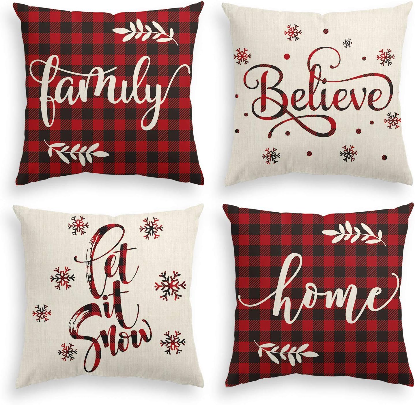 AVOIN Christmas Saying Buffalo Plaid Throw Pillow Cover, 20 x 20 Inch Winter Holiday Farmhouse Cushion Case for Sofa Couch Set of 4