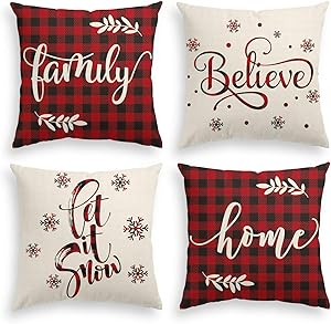 AVOIN Christmas Saying Buffalo Plaid Throw Pillow Cover, 20 x 20 Inch Winter Holiday Farmhouse Cushion Case for Sofa Couch Set of 4