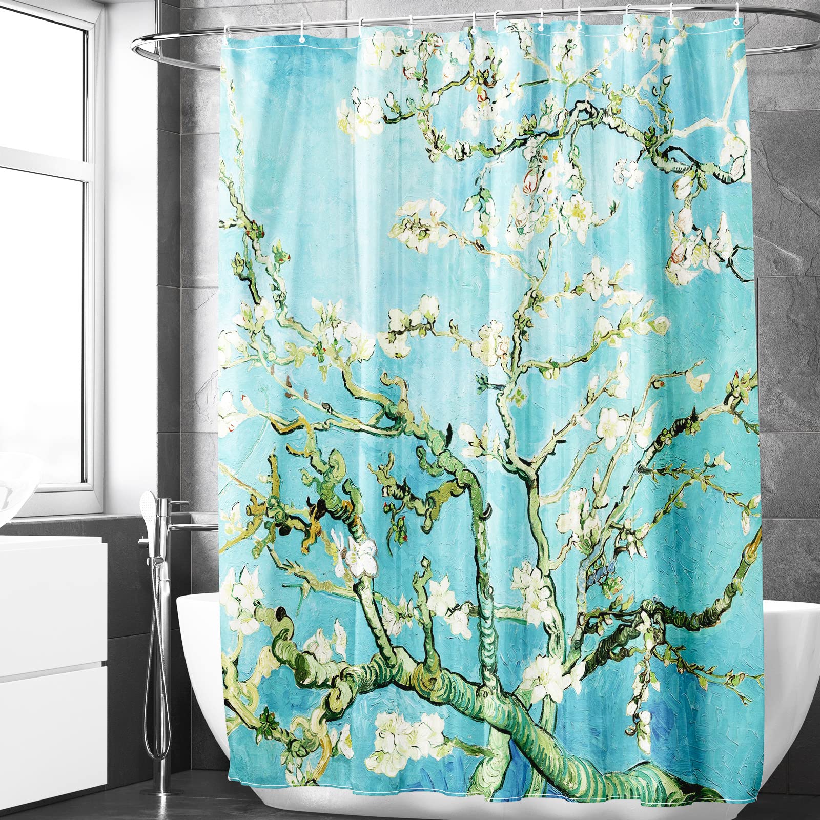 Berkin Arts Bathroom Shower Curtain Set 70x70 Inch Waterproof Polyester with Hooks Modern European Ink Painting for Home Teal (Almond Blossom by Vincent van Gogh)