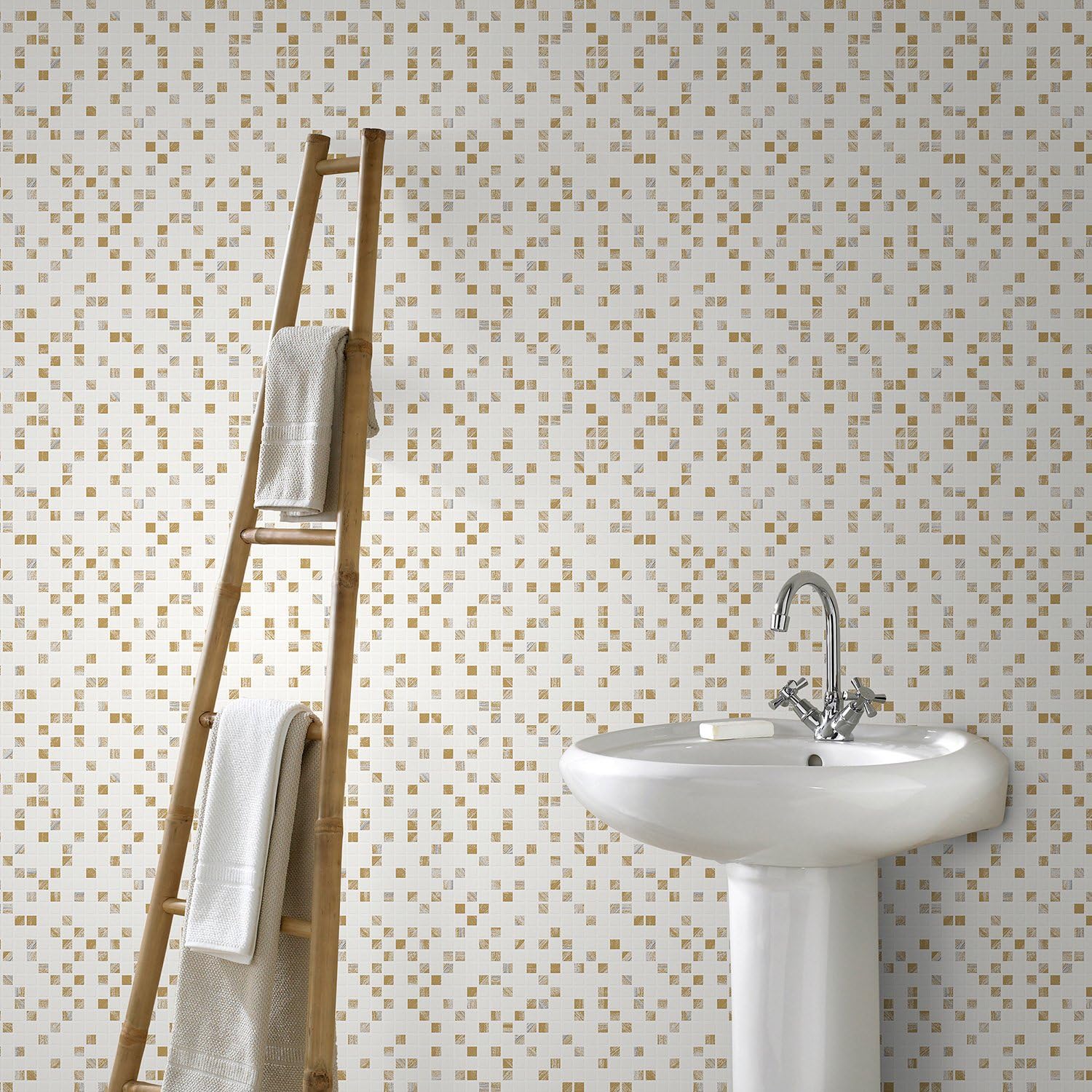 Contour Aroura Kitchen and Bathroom Tile Effect White and Gold Wallpaper