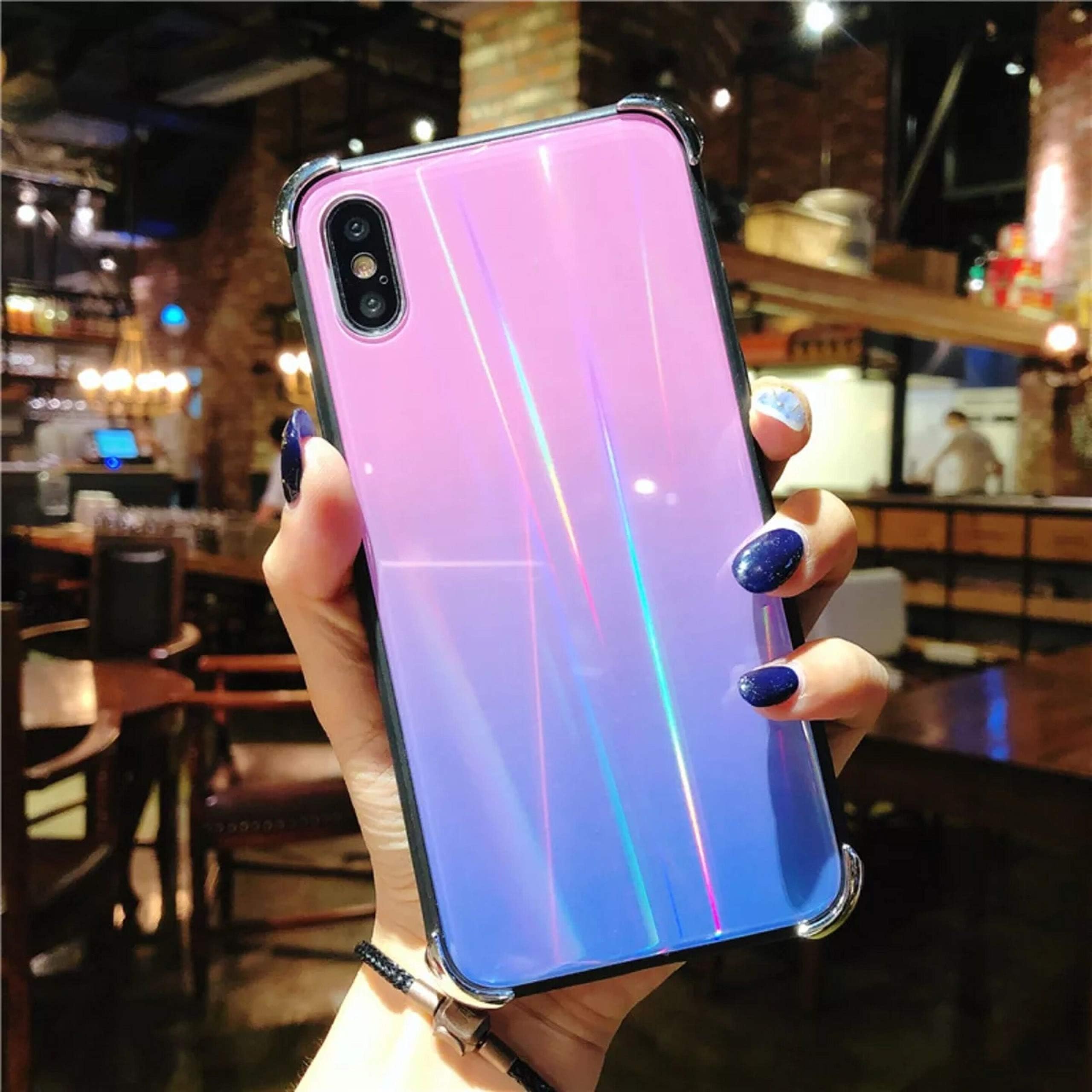 iPhone X Case, sxxissky Glare Series Slim Fit Unique Gradient Tempered Glass Case Soft TPU Bumper Shock Absorption Phone Cover Case for Apple iPhone X/iPhone 10 (Pink-Purple)