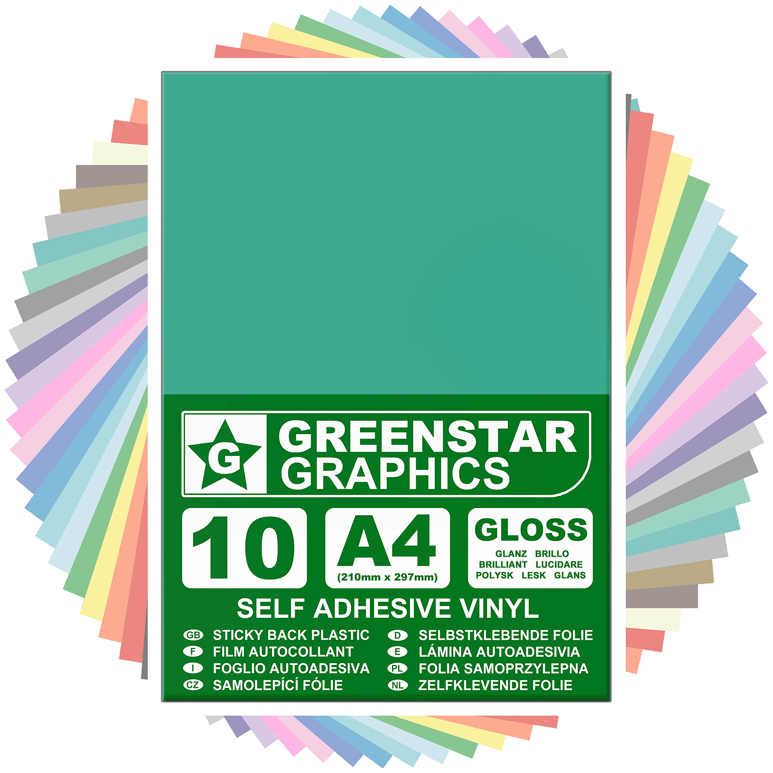 GREENSTAR GRAPHICS Glossy A4 Sticky Back Plastic SELF Adhesive Art & Craft Vinyl (10 Sheet Pack). Compatible with 12” Cricut, Silhouette Cameo/Curio/Portrait, Scan N Cut (Turquoise Gloss 10 A4)