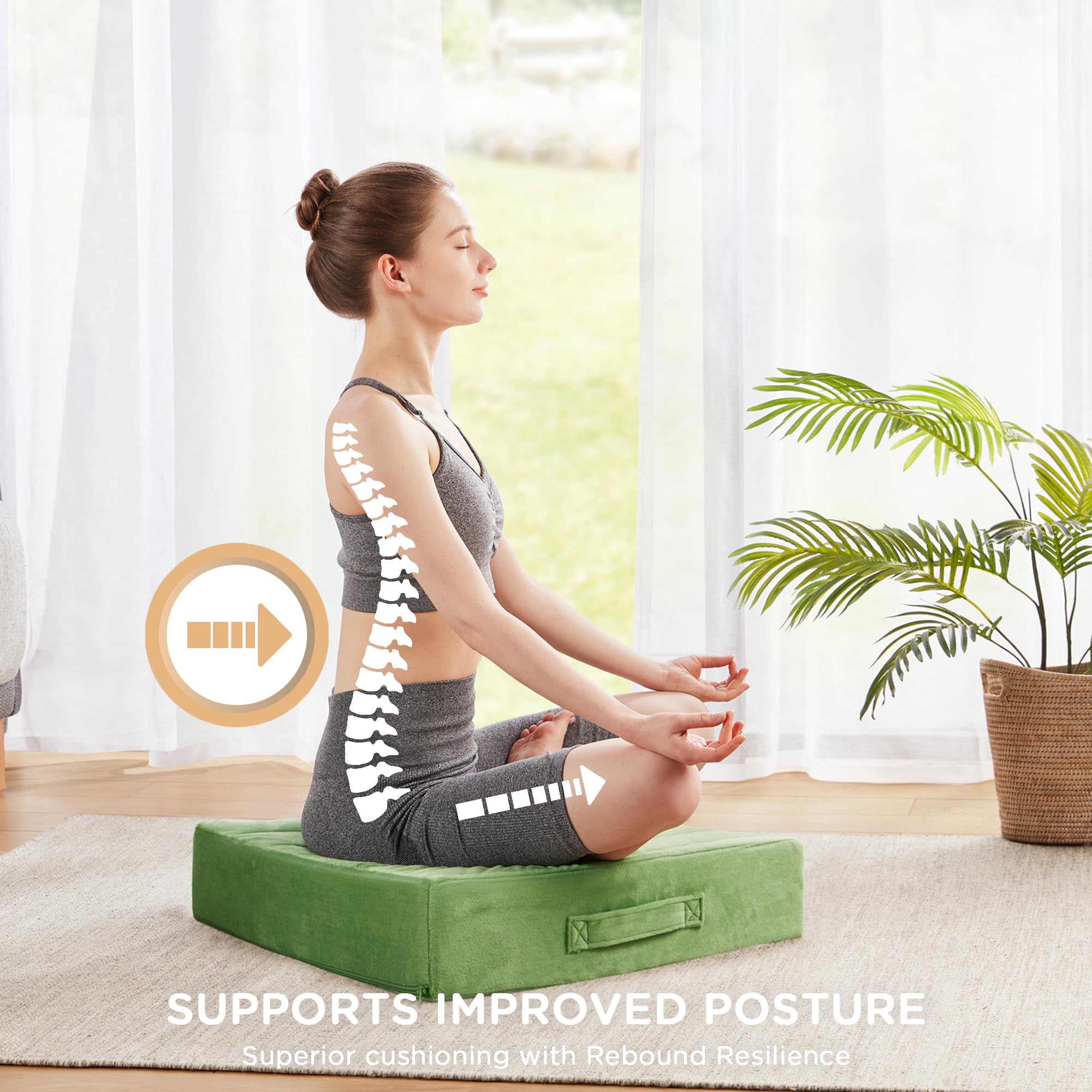 Codi High Density Foam Floor Pillow 2 Sets, Large Meditation Cushions Seating for Adults and Yoga Sitting, Washable Thick Couch Cushion with Soft Tufted Covers - 22 * 22 * 5inch Green - Image 5