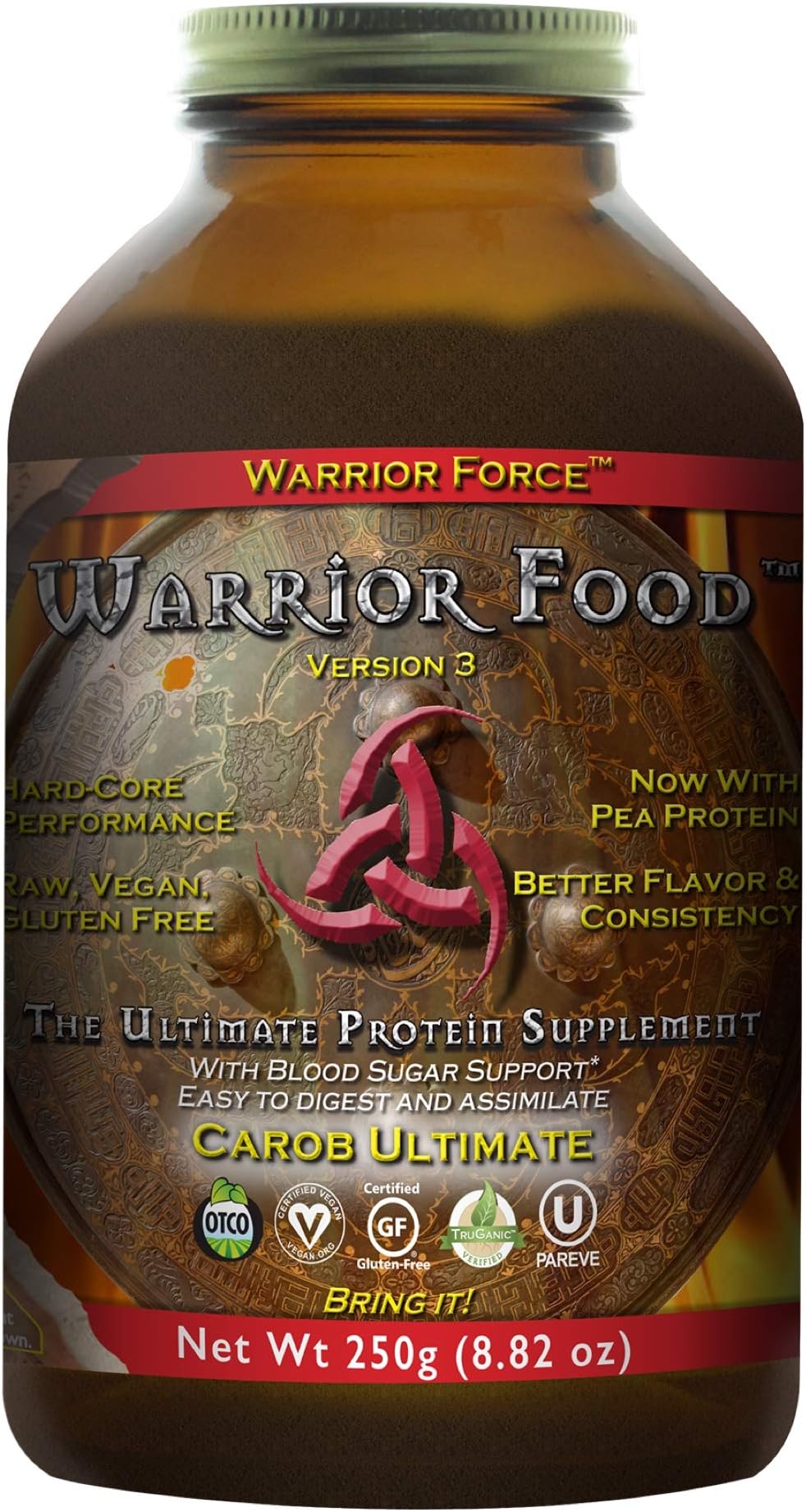 HealthForce SuperFoods Warrior Food - 250 Grams, Carob Flavor - All Natural Plant Based Protein Powder, Easy to Digest - Organic, Non GMO, Vegan, Gluten Free - 12 Servings