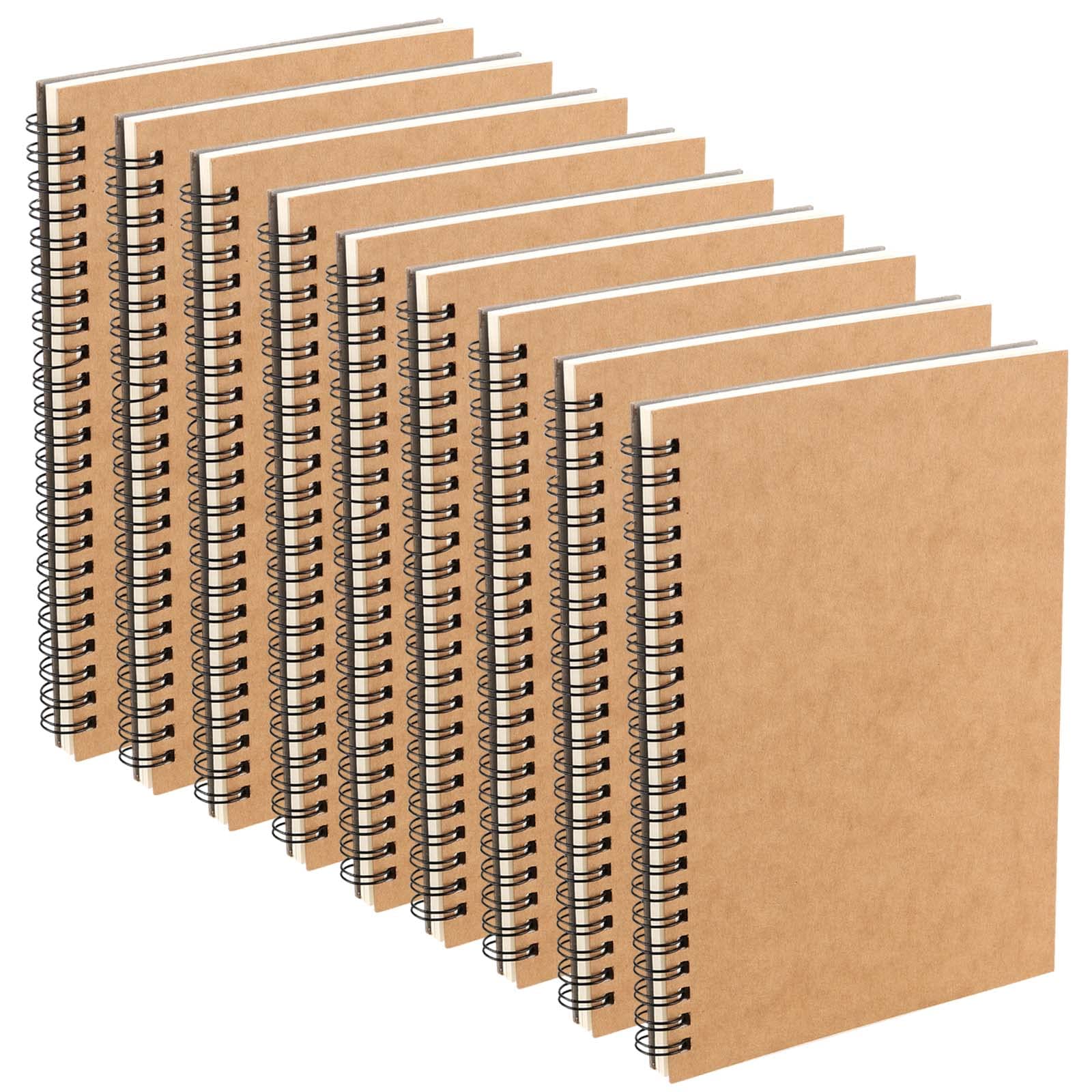 JEUIHAU 10 PCS A5 Spiral Sketchbook, 160gsm Blank Kraft Spiral Bound Hardback Notebook, Kraft Cover Sketch Book for Portrait, Sketching, Drawing, Scrapbooking, 60 Pages (30 Sheets), Rollover Type