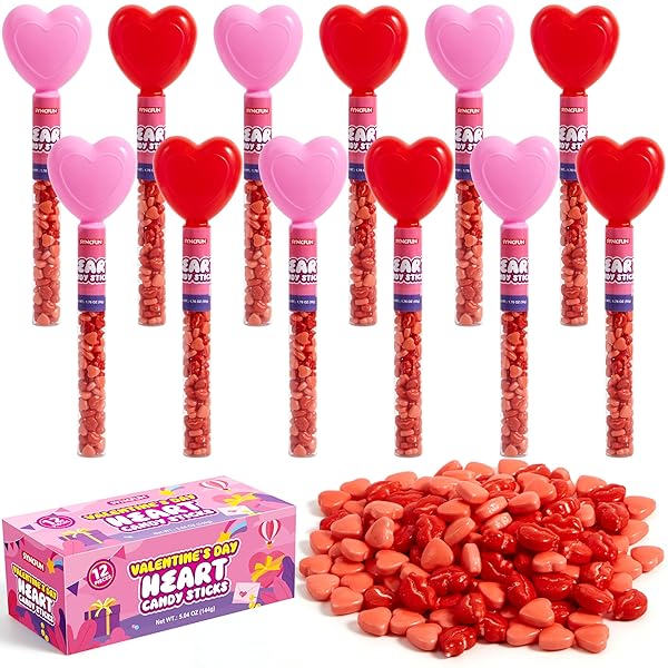 SYNCFUN 12PCS HEART SHAPE RED HARD CANDY WITH TUBE BUNDLE INDIVIDUALLY WRAPPED, SNACKS TINY STICK FOR PARTY FAVOR, REWARD PRIZES