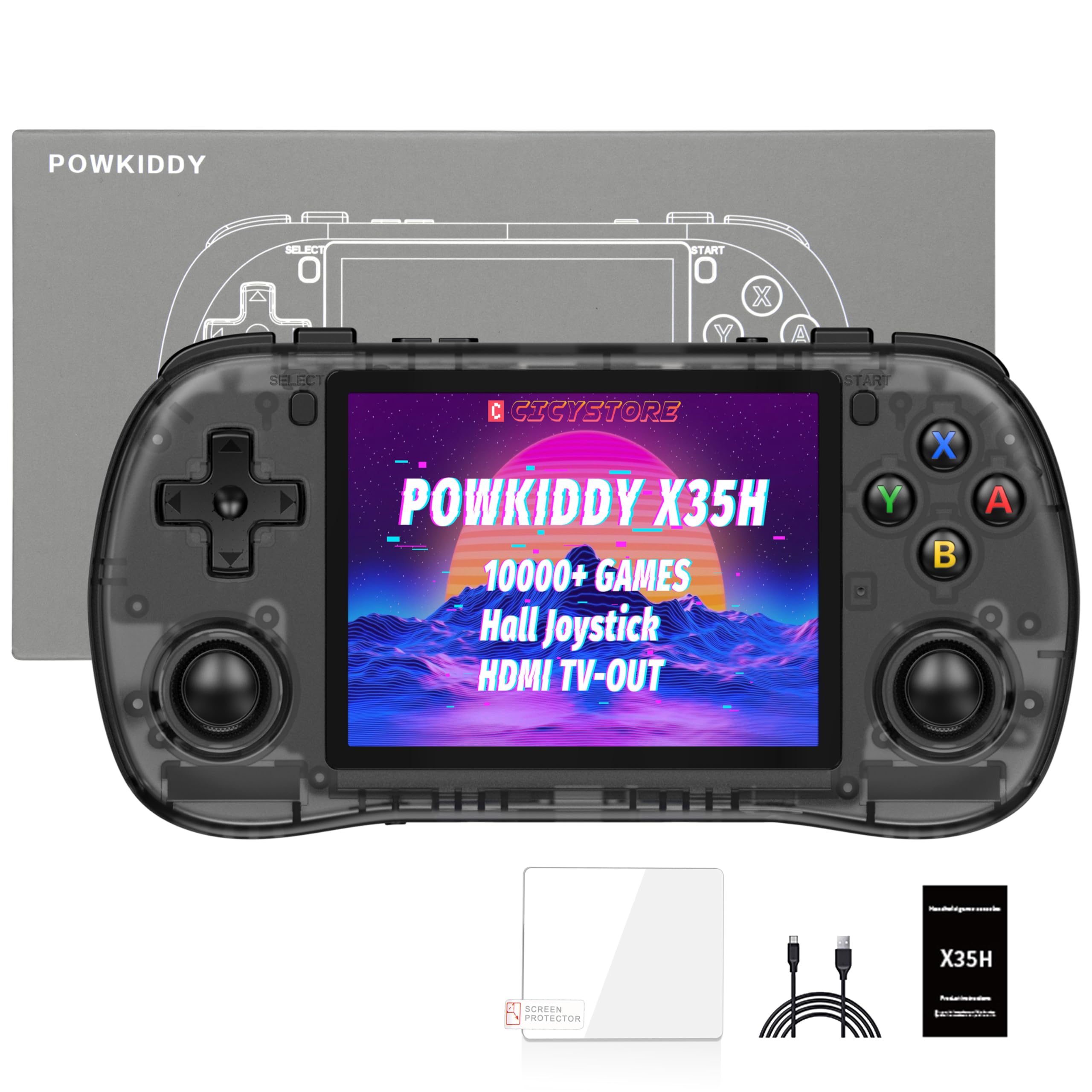 Photo 1 of Powkiddy X35H Retro Handheld Game Console, - 10,000+ Games, 3.5" IPS, HDMI TV-Out, 4-6 Hour Playtime, Hall Joysticks, 64GB+ Dual Slots (Transparent Black)