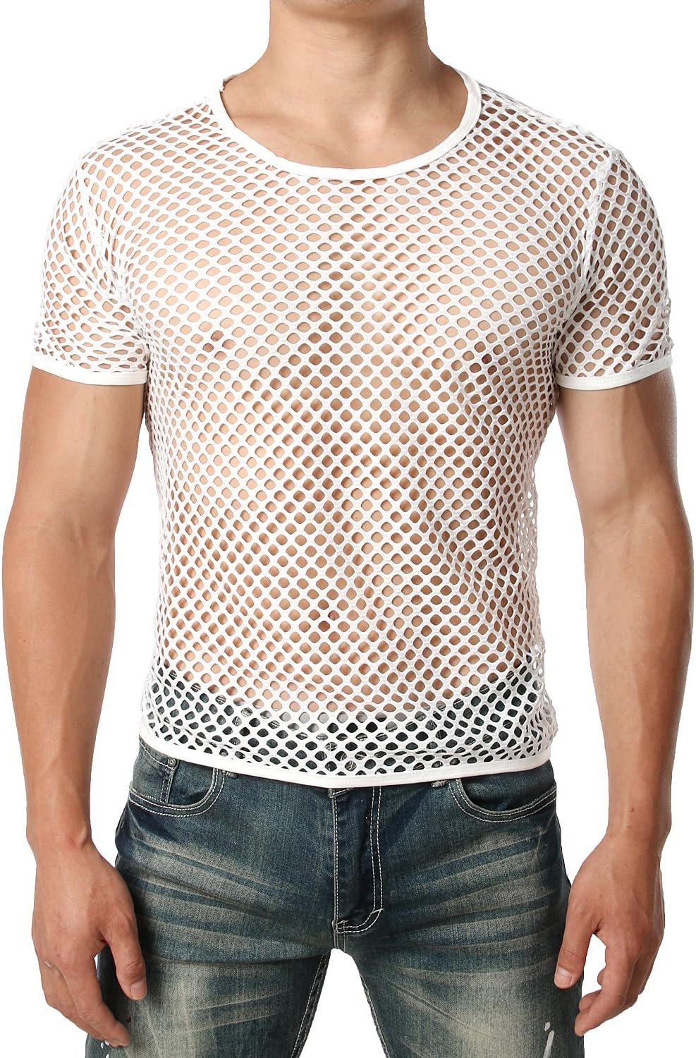 JOGALMen's Short Sleeve Mesh Fishnet Fitted Muscle Top