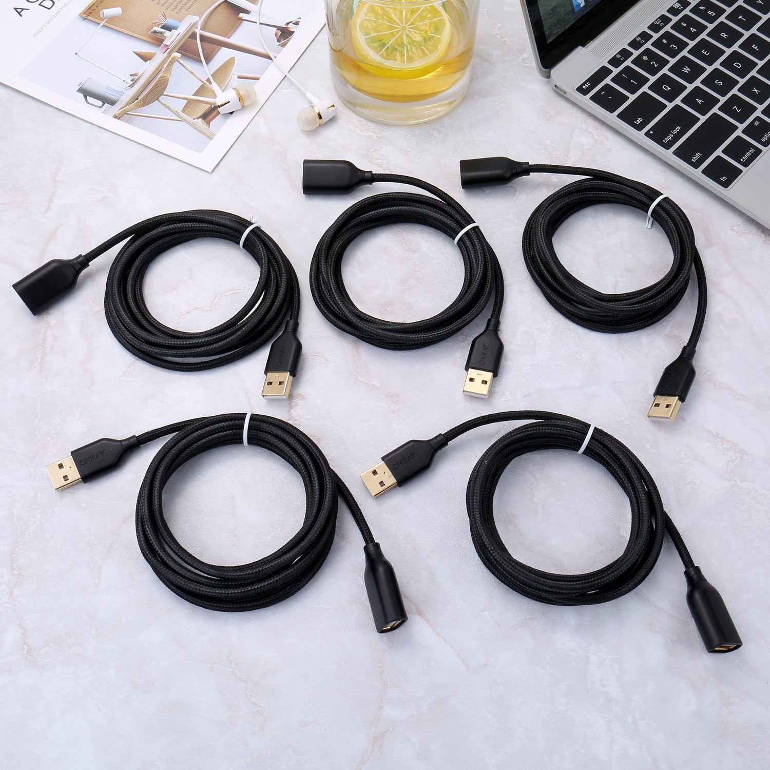 OKRAY 5 Pack Nylon Braided USB 2.0 Extension Cable Extender Cord - A Male to A Female with Gold-Plated Connector - 6 Feet (1.83M) (All Black): Computers & Accessories