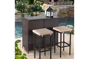 Omelaza 3-Piece Patio Bar Table Set Outdoor Wicker Bistro Set - Glass Bar and Two Stools with Cushions for Patios, Backyards, Porches, Gardens or Poolside