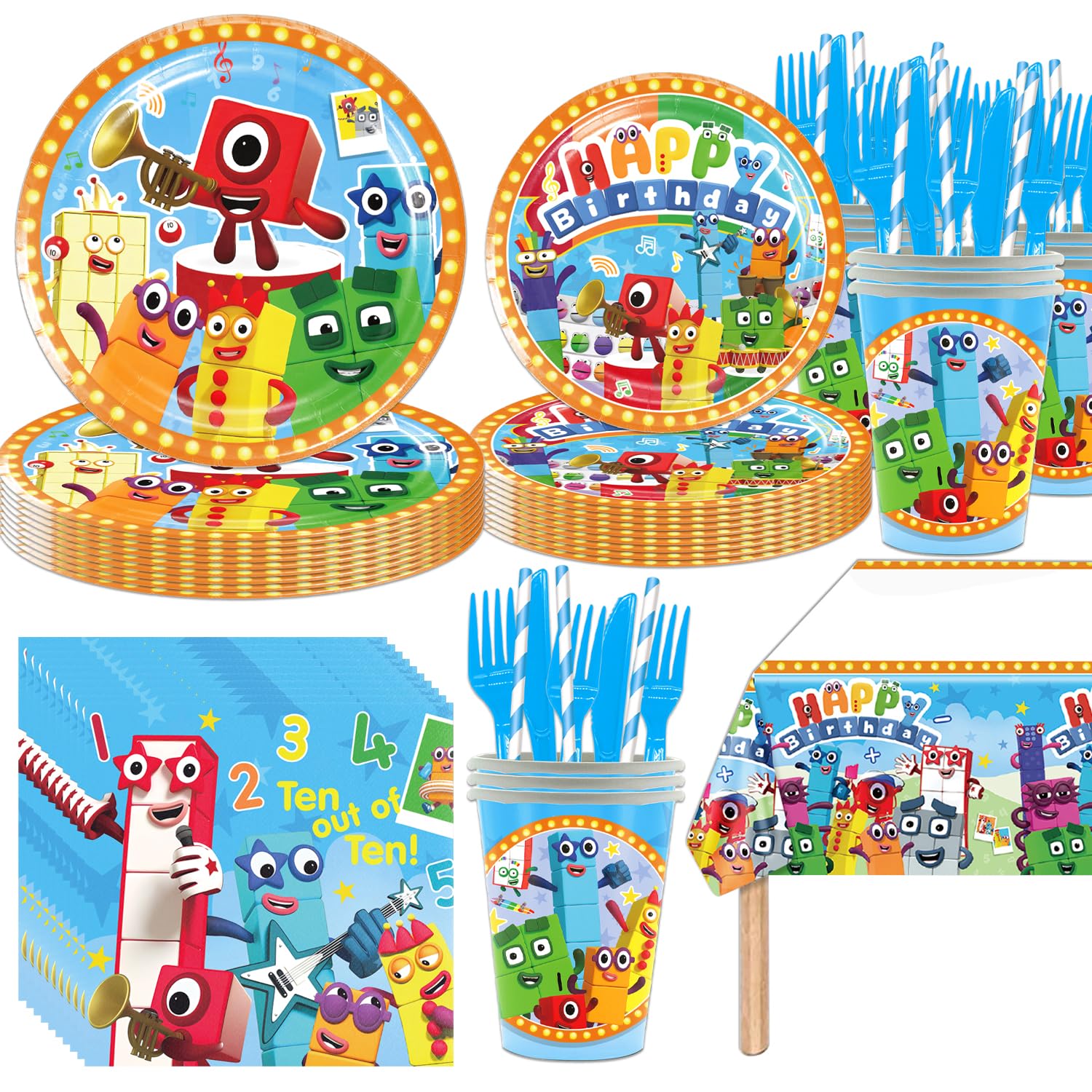 Photo 1 of 141pcs Number Blocks Birthday Tableware Decorations Party Plates Cups Soccer Theme Napkins Number Blocks Tablecloth for Number Blocks Party Decoration