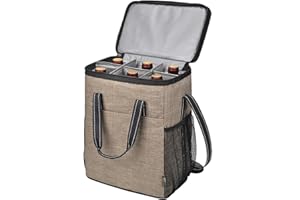 TIRRINIA 6 Bottle Wine Gift carrier, Insulated Leakproof Padded Wine Cooler Carrying Tote Bag for Travel, Camping and Picnic, Perfect Wine Lover Gift, Beige