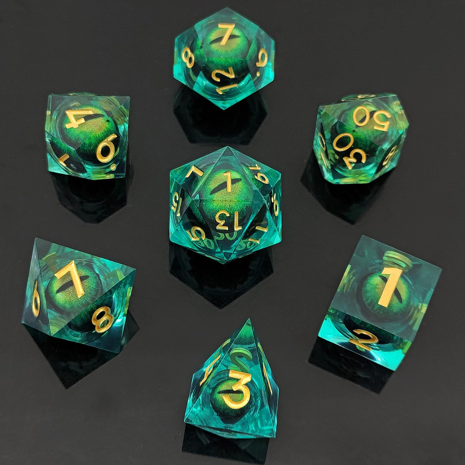 ORUZA 7 PCS Dragon Eye DND Dice Liquid Core D&D Dice Resin Sharp Edge Polyhedral D&D Dice Set for Dungeons and Dragons Role Playing Die D20 D12 D10 D8 D6 D4 D%