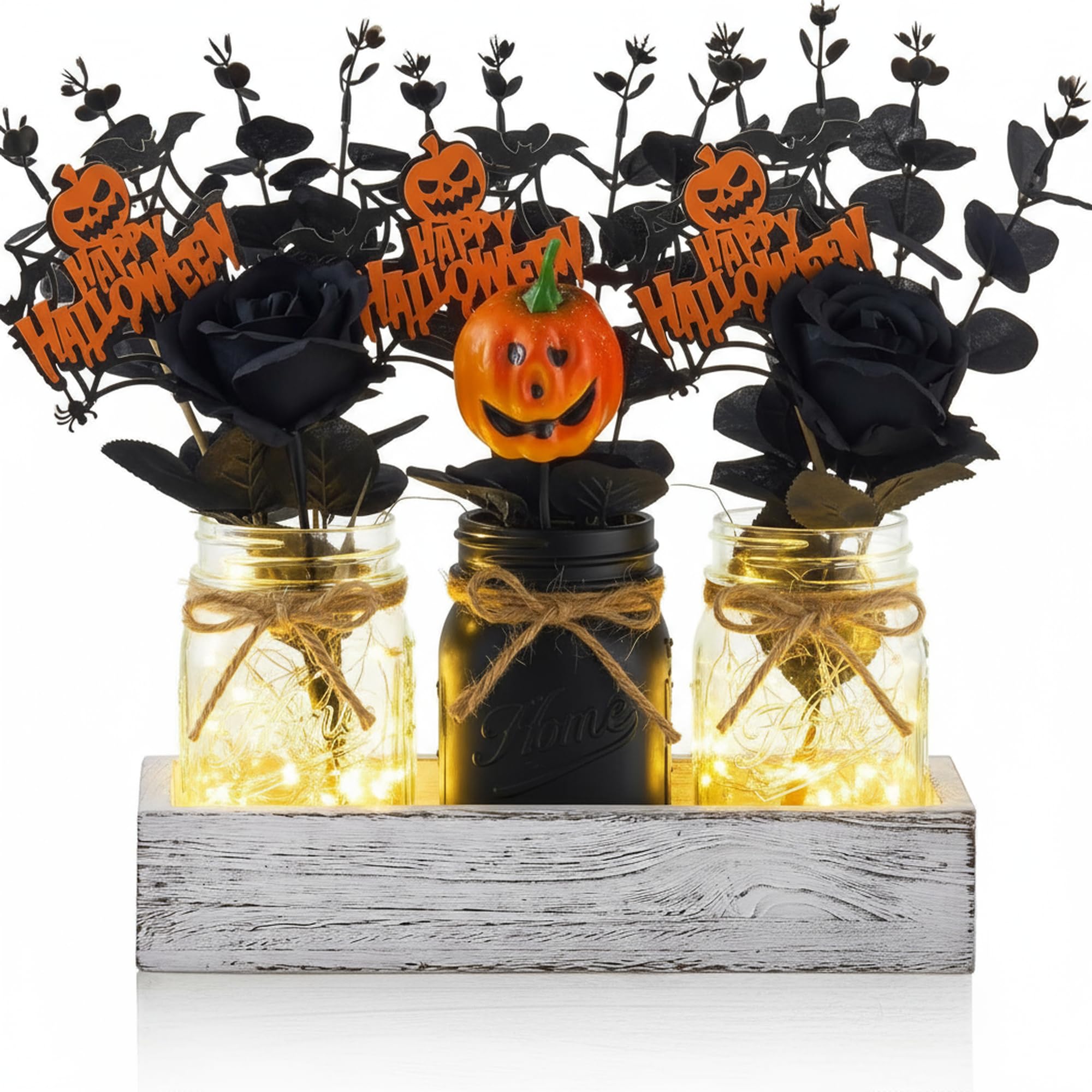 Photo 1 of KIVIVO Halloween Table Decor, Centerpieces for Tables with Mason Jars, Fake Flowers, Black Roses, Pumpkin, Farmhouse Wood Tray, 23 Pcs Halloween Table Centerpiece Decorations, Tabletop Decor for Home