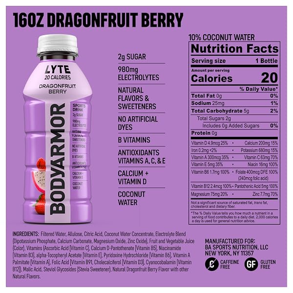 BODYARMOR LYTE SPORTS DRINK LOW-CALORIE SPORTS BEVERAGE, DRAGONFRUIT BERRY, COCONUT WATER HYDRATION, NATURAL FLAVORS WITH VITAMINS, POTASSIUM-PACKED ELECTROLYTES, PERFECT FOR ATHLETES, 16 FL OZ BOTTLE (PACK OF 12)