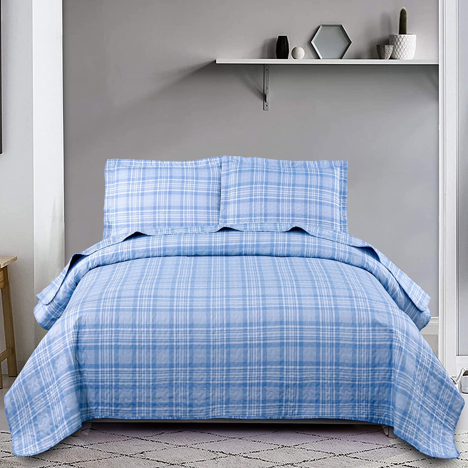 Blue Plaid Quilt Set Full/Queen Size Grid Stripe Bedspread Coverlet