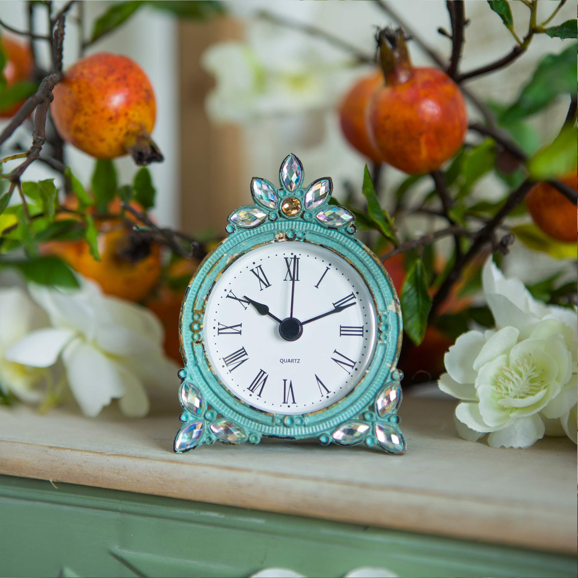 NIKKY HOME Vintage Pewter Quartz Mini Table Clock with Crystal Shining Rhinestone, 2.87 x 1.37 x 3.87 Inches, Aqua