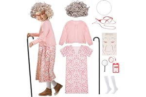 SKIRFY Old Lady Costume for Kids, 100 Days of School Granny Outfit Kit with Wig, Cane and Other Dress Up Accessories for Girls