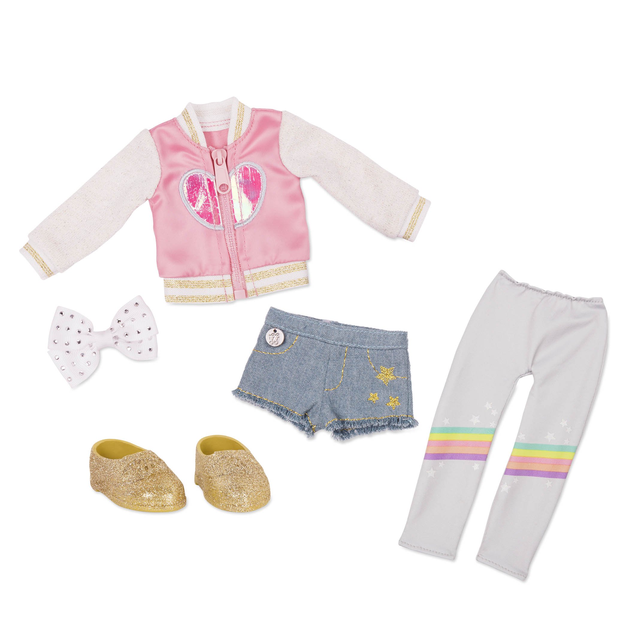 Glitter Girls – 14-Inch Doll Clothes & Accessories – Have A Gradient Day Outfit – Rainbow Leggings, Hair Bow, Denim Shorts, Pink Heart Jacket, and Glitter Shoes 3+ Years — image 1