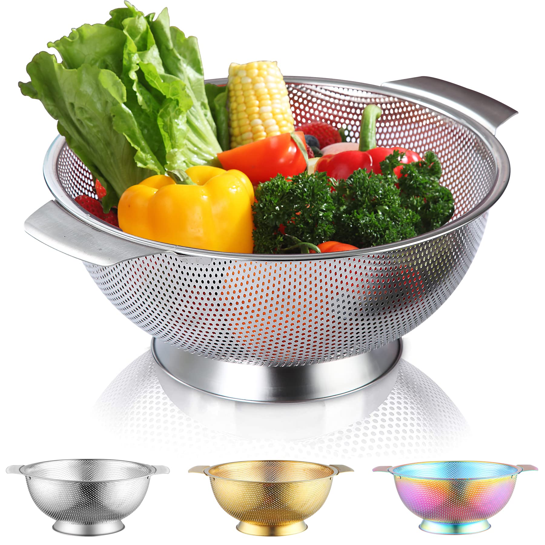 Kyraton Stainless Steel Colander 28.5cm, Professional Strainer with Heavy Duty Handles and Self Draining Solid Ring Base for Pasta, Spaghetti, Berry, Veggies, Fruits, Noodles, Salads Dishwasher Safe