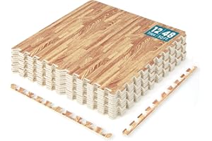 Happygrill 48 Sq. Ft. Interlocking Foam Floor Tiles, 12 PCS 2/5 Thick Wood Grain EVA Foam Mat w/24 Borders, 24” x 24” Puzzle 
