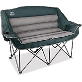 LANMOUNTAIN Fully Padded Folding Double Camping Chairs,Comfy Oversized Loveseat Lawn Chair w/Wine Glass Holder,Cup Holder,Heavy Duty Outdoor Portable Camp Couch Support 600 Lbs,Dark Green