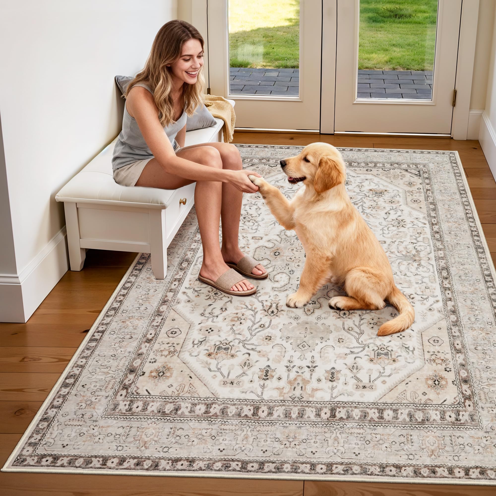 4x6 Rug Washable for Entryway: Oriental Runner for Bedroom - Ultra Thin Low Pile Stain Resistant Carpet - Home Decor for Vintage Style Lover - 4x6 Ivory Image