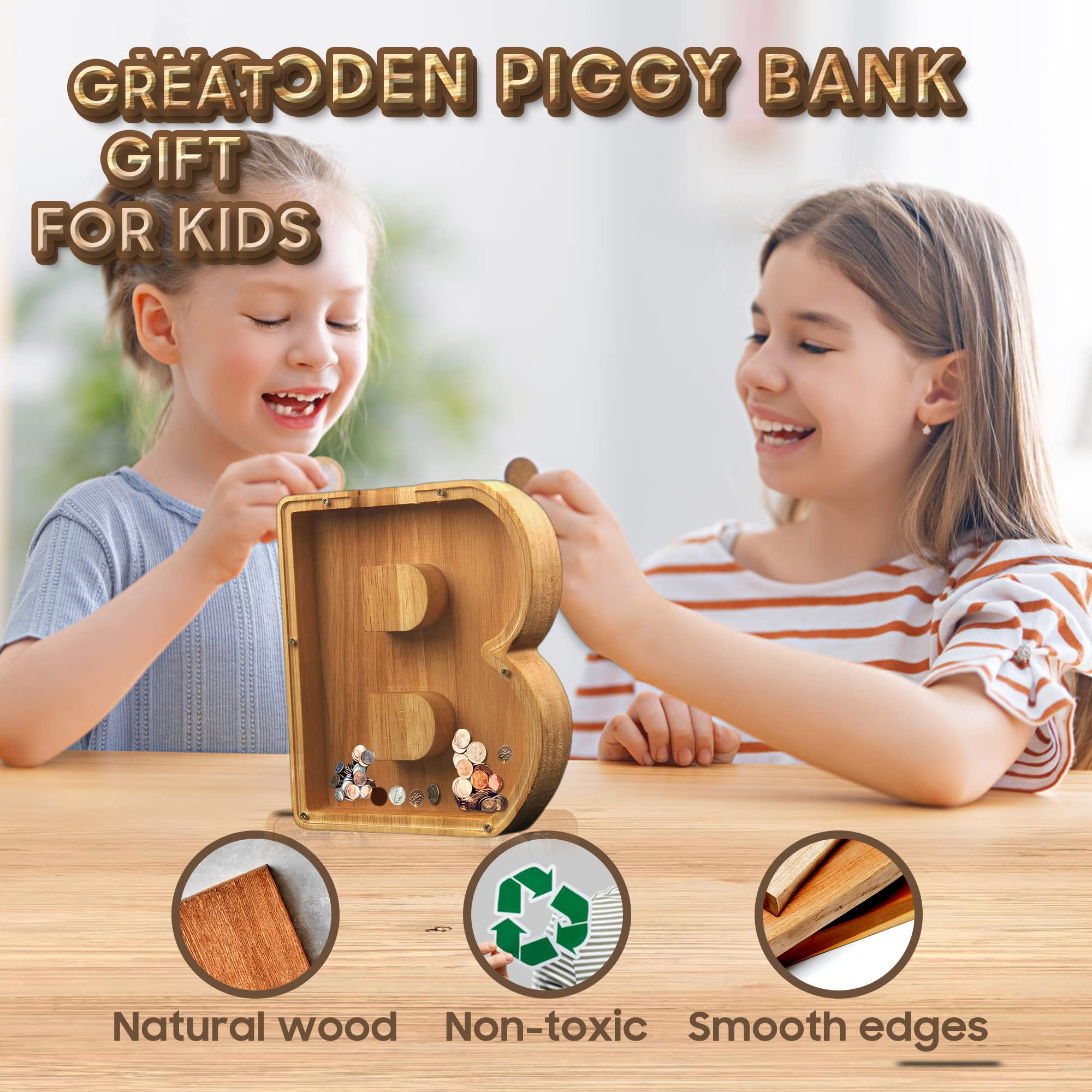 Piggy-Bank for Kids Boys Girls Large Piggy Banks 26 English Alphabet Letter,Personalized Wooden,Transparent Money Saving Box Custom Text Name DIY Creative Gift for Real-Money (B)