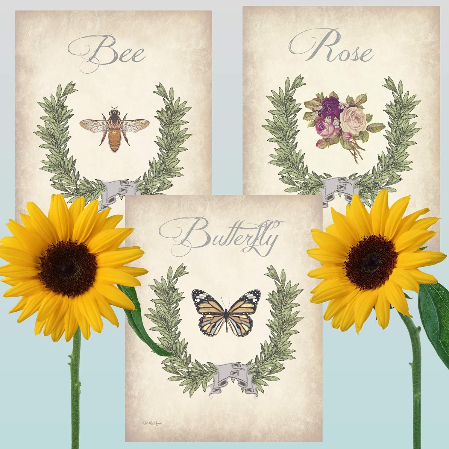 Amazon Com Garden Botanical Print Set Of Three Floral French Country Bathroom Decor Butterfly Art Bee Art Print Rose Art Print Shabby Chic Bedroom Decor Cottage Chic Antique Vintage Home Decor Handmade