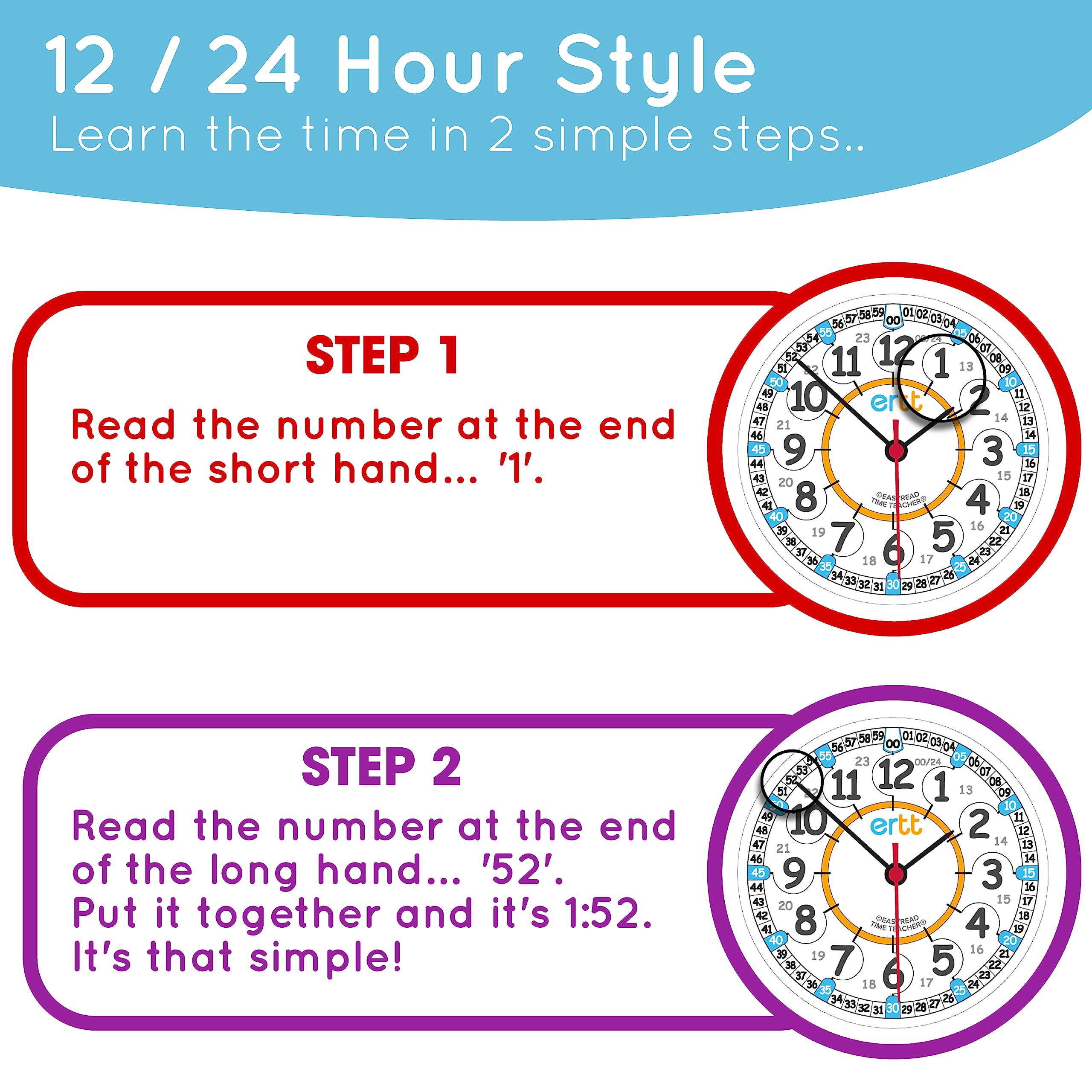 ertt Teaching Wall Clock - Learn The Time Wall Clock - Kids Analog Clock for Classroom, Playroom, Bedroom, Educational Room Decor - School Clock for Kids with Rainbow Face (29cm)