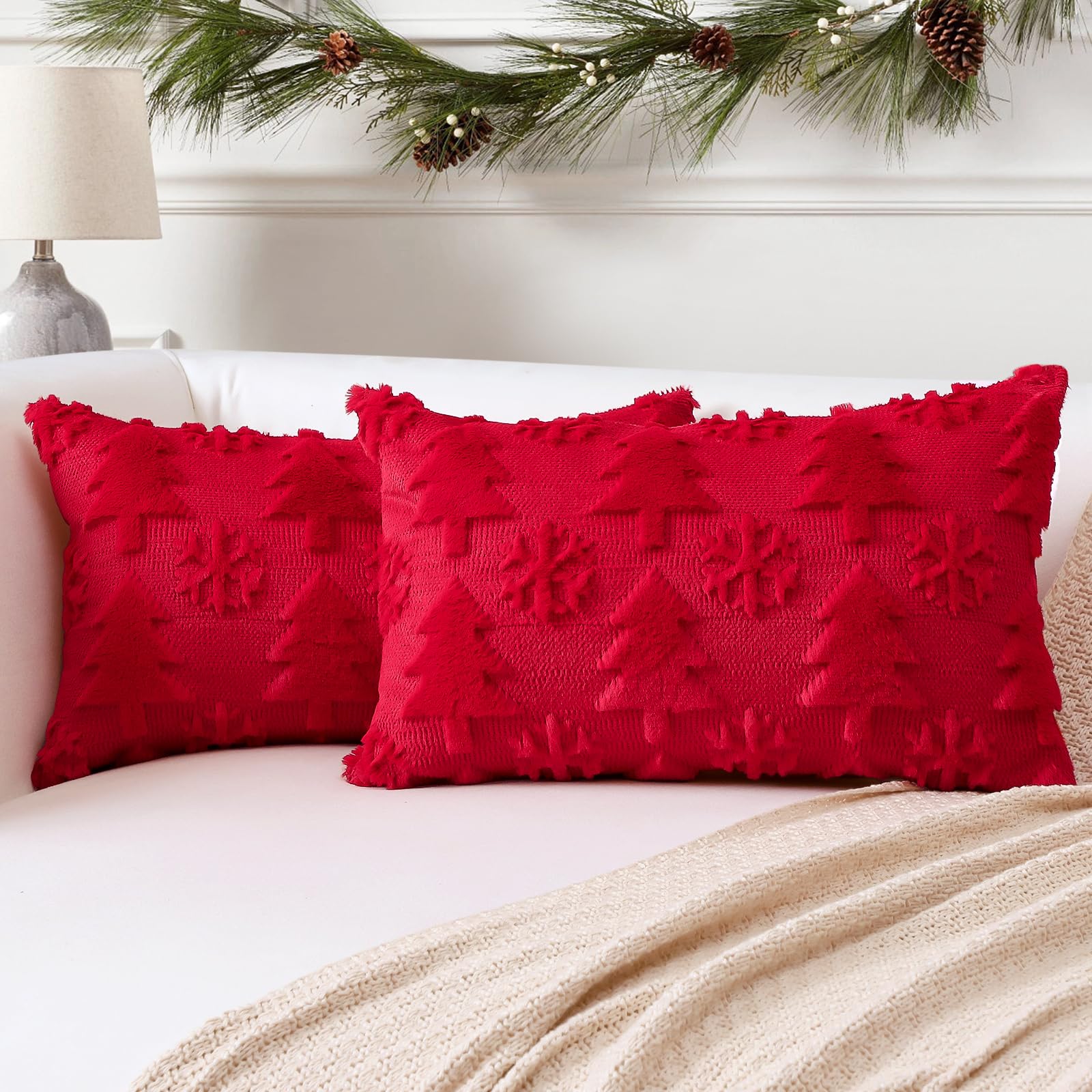 Artscope Set of 2 Xmas Soft Plush Short Wool Velvet Decorative Cushion Covers 40x60cm Luxury Style Throw Pillow Covers Pillow Shell for Sofa Bedroom Christmas Tree and Snowflake Red,