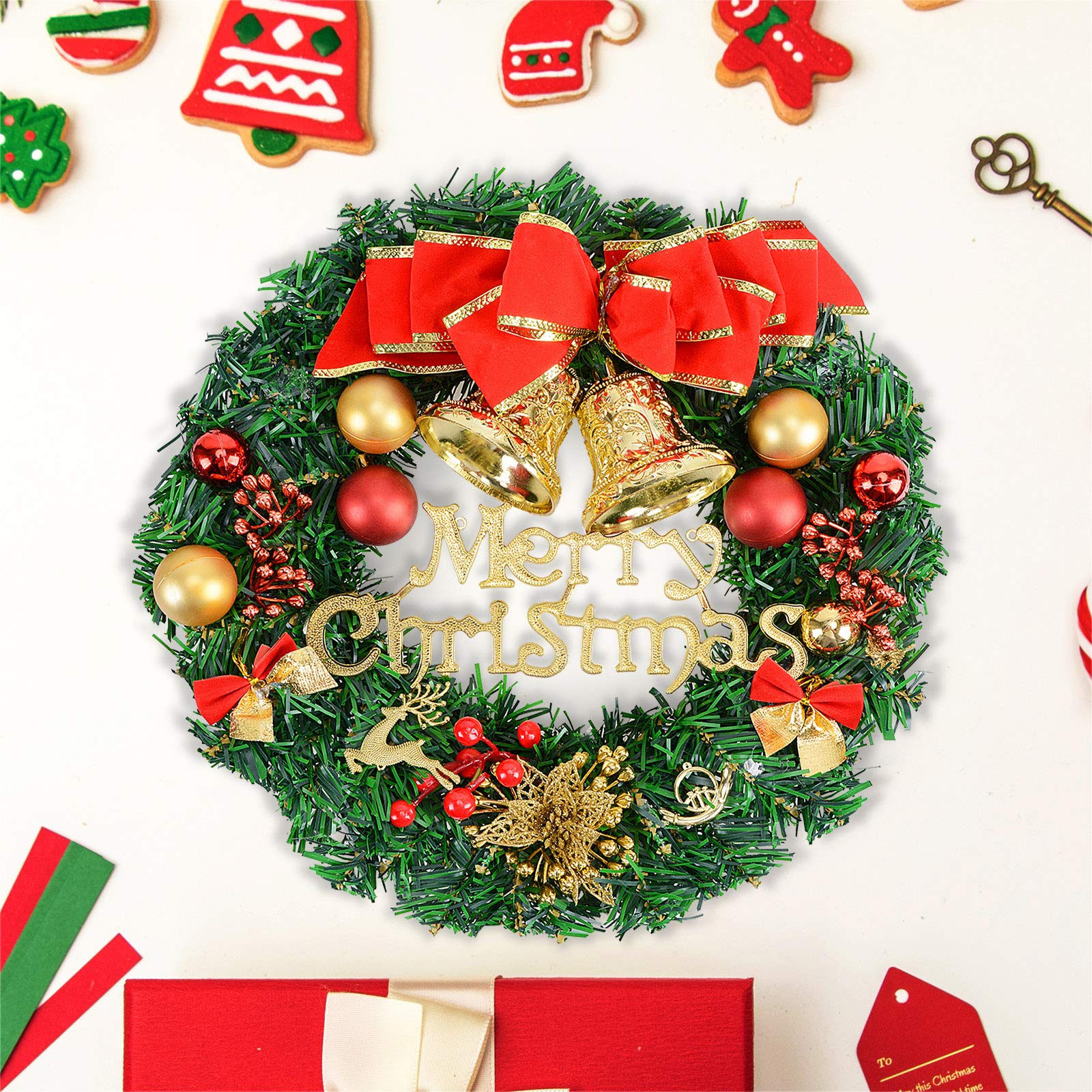 Voilamart Christmas Wreath 40CM/16Inch Artificial Garland with Bowknot Bells and Baubles Xmas Decorations for Fireplaces Stairs Wall Door