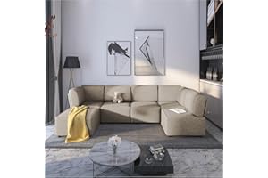 Mjkone 120 Inch Couches for Living Room, 6 Seater Convertible U Shaped Couch with Ottomans, Linen Fabric L Shaped Modular Sectional Sofa with Chaise, Oversized Sectional Sleeper Sofa Bed, Light Tan