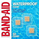 BAND-AID Brand Clear Waterproof Spot Adhesive Bandages, All One Size, 50 Ct | 100% Waterproof Protection, Sterile Wound Care for Minor Cuts, Scrapes &amp; Burns, First Aid Kit Essential, Clear Square Design