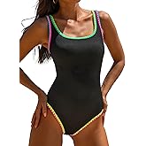 popvil Women's One Piece Swimsuits Tummy Control -Slimming Bathing Suit Neon 1 Piece Beach Outfit Sexy Sport Swim Suits