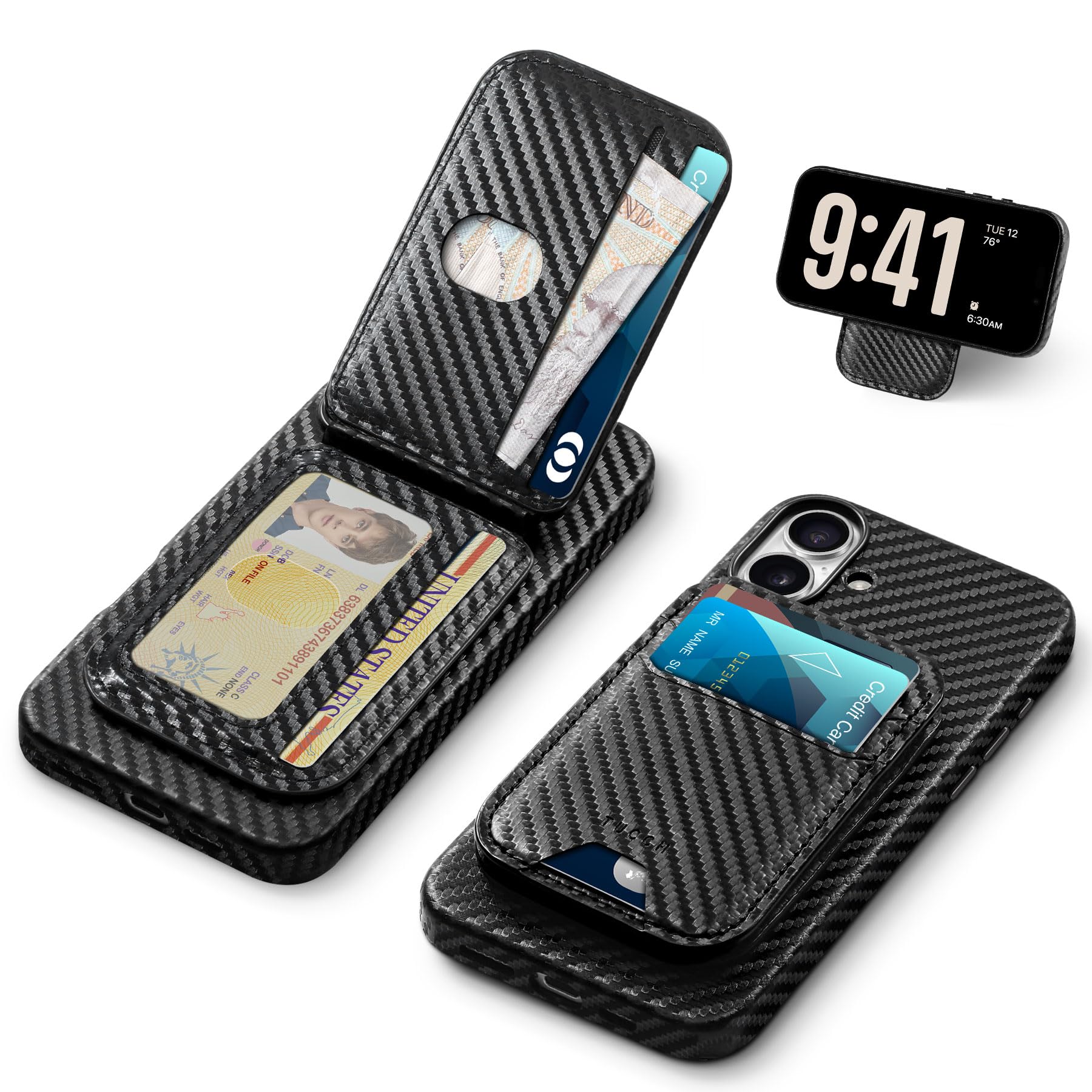TUCCH PU Leather Case for iPhone 16 Plus (6.7") 2024 with Detachable Magnetic Wallet Stand with[5 Card Holders][RFID Blocking][Wireless Charging] Anti-Slip Cover for iPhone16 Plus, Carbon Fiber Black