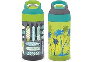 Zak Designs 16oz Riverside Beach Life Kids Water Bottle with Straw and Built in Carrying Loop Made of Durable Plastic, Leak-Proof Design for Travel, 2PK Set
