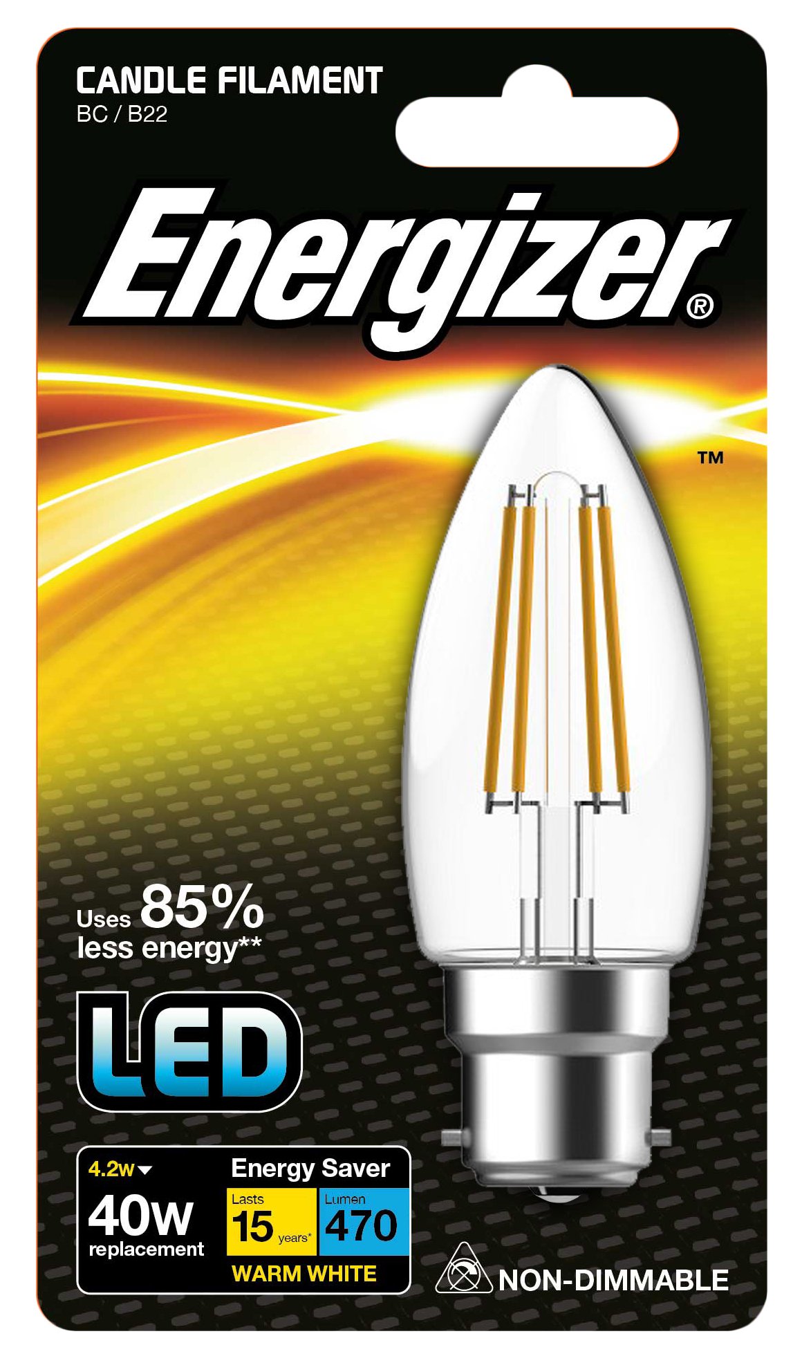 Energizer LED Energy Saving Filament Light Bulb, Candle, B22, 4 W, Warm White