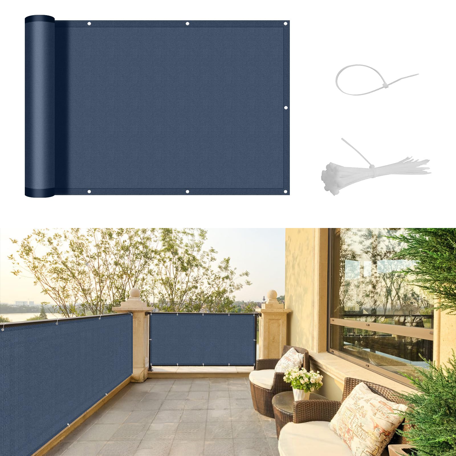 SUNNY GUARD Balcony Privacy Screen 90x500cm Fence Screen for Balcony and Patio Cover,UV protection waterproof and windproof,with Cable Ties,Dark Blue Anthracite