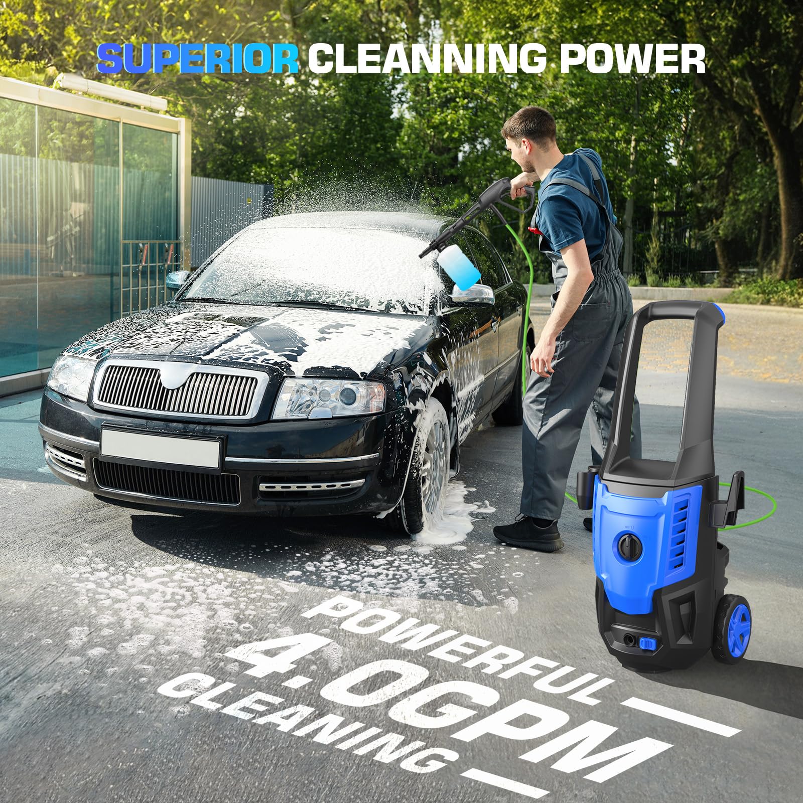 Professional Pressure Cleaner 5000PSI, 4.0GPM Portable Power Cleaner with 4 QC Nozzles and Soap Bottle, Cleaner Machine for Cars/Home/Driveways/Patios/Decks/Fences (Blue)
