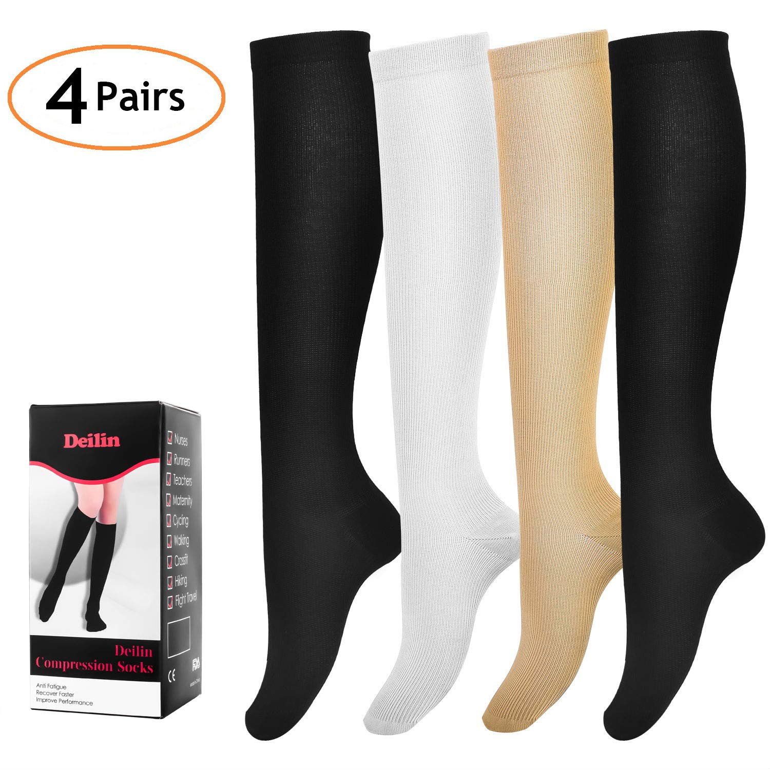 Deilin Compression Socks for Women & Men (4 Pairs), Graduated