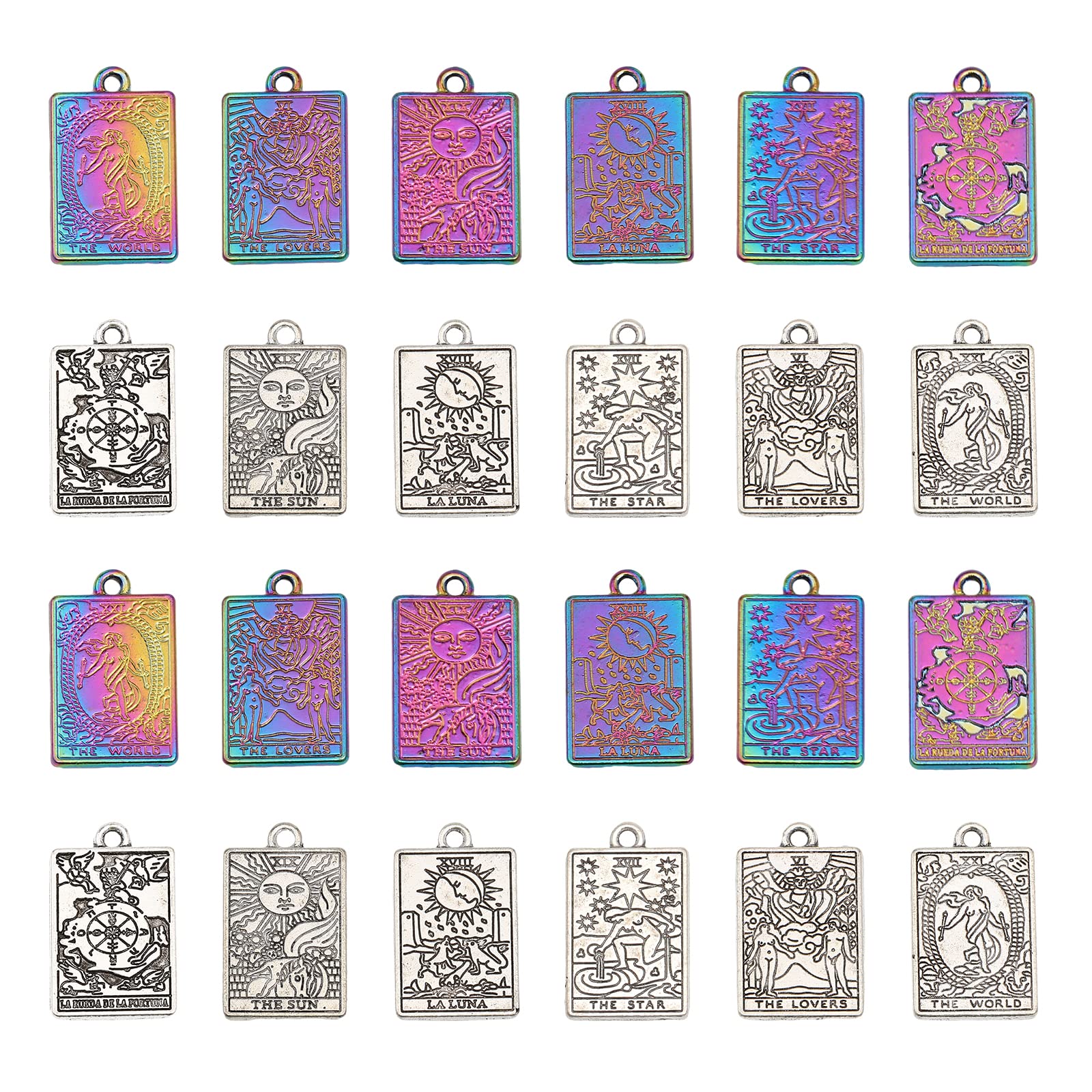 CHGCRAFT 24Pcs 12Styles Tarot Card Charms Rectangel Rack Plating Alloy Pendants for DIY Bracelet Earrings Necklace Personalized Jewelry Making, Mixed Color