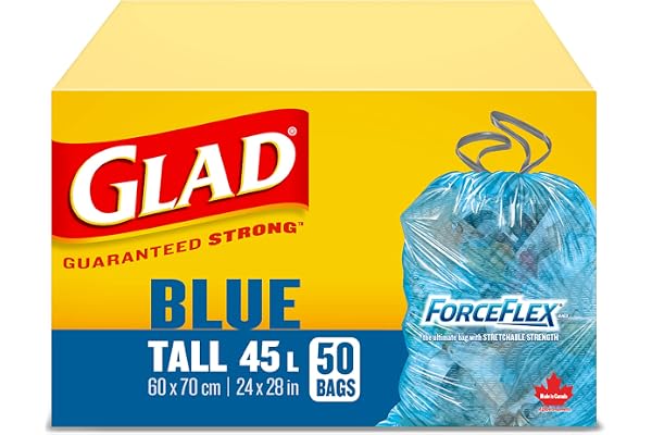 Glad Blue Recycling Bags - Tall 45 Litres - ForceFlex, Drawstring, 50 Trash Bags, Made in Canada of Global Components