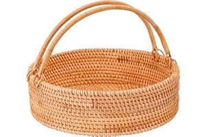 LALASUN Rattan Picnic Basket with Handles, Round Wicker Gift Basket Hand-Woven Basket for Fruit, Basket for Wedding, Camping(11"×11"×3")