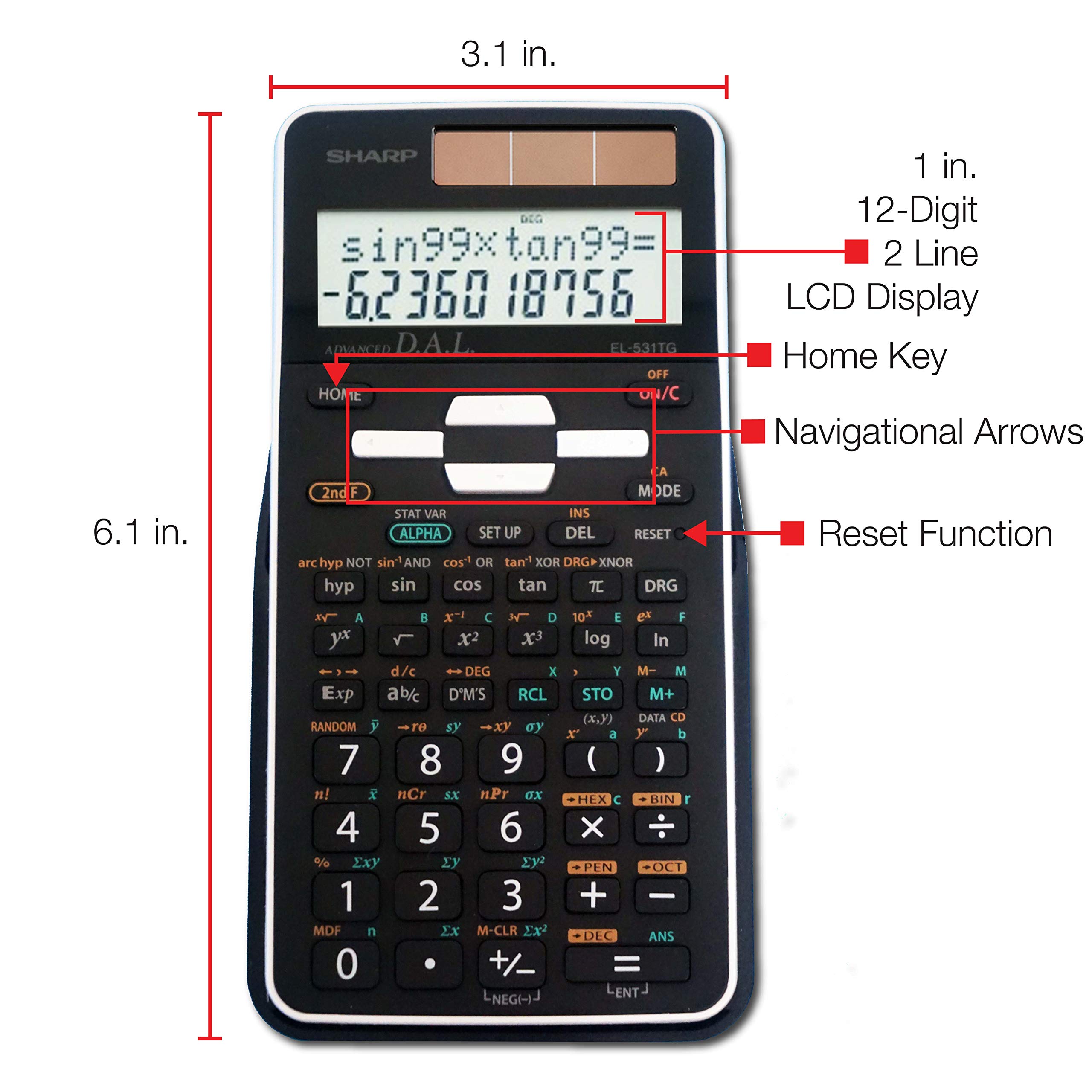 Sharp EL-531TGBBW 12-Digit Scientific/Engineering Calculator with Protective Hard Cover, LCD Display, Great for Students and Professionals, Black