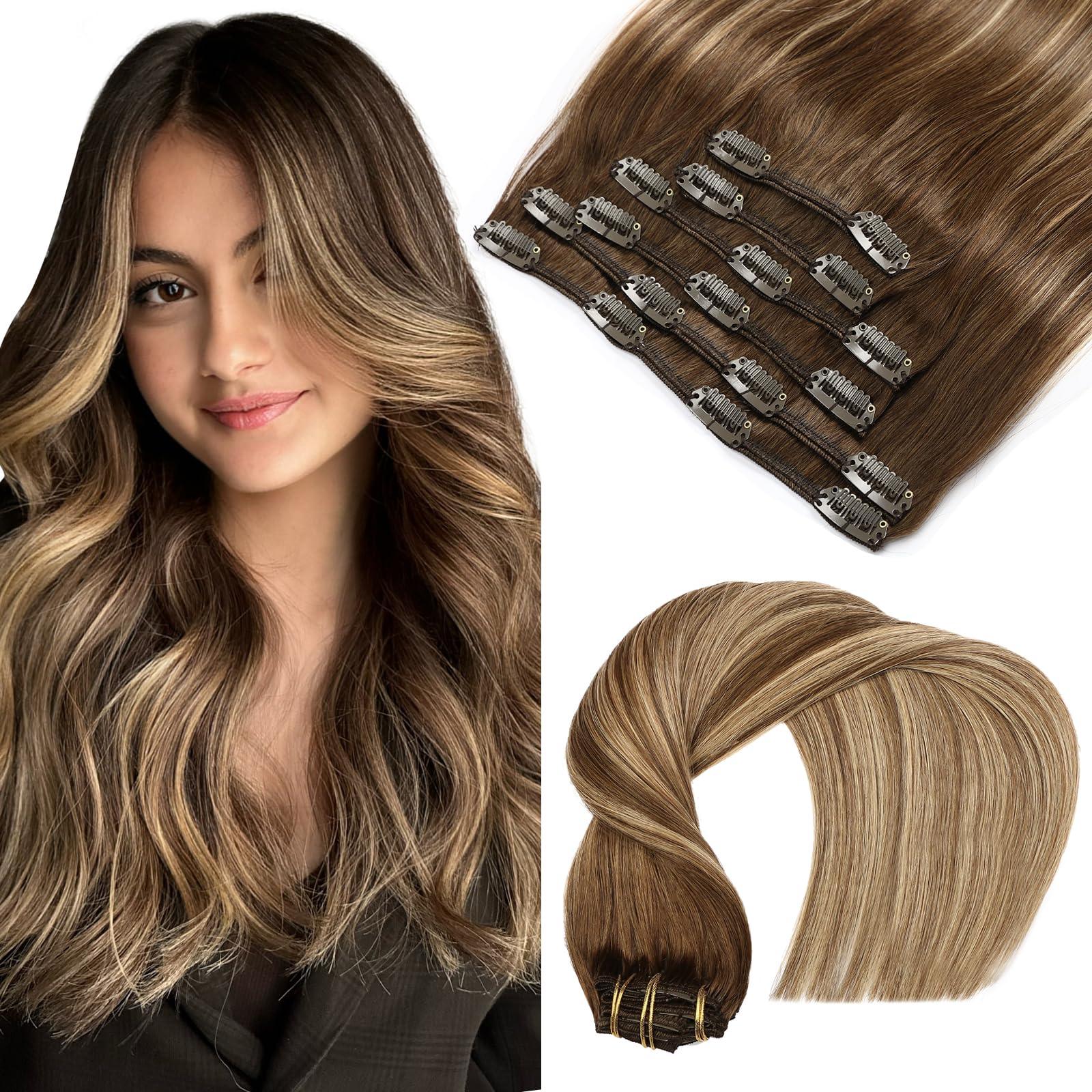 VINBAO Human Hair Clip in Hair Extensions Balayage Chocolate Brown Mixed Caramel Blonde 14 Inch Hair Extensions Real Human Hair Clip ins Straight Hair Clip in Extensions 100g 6pcs (#C4/27/4, 14'') โ image 1