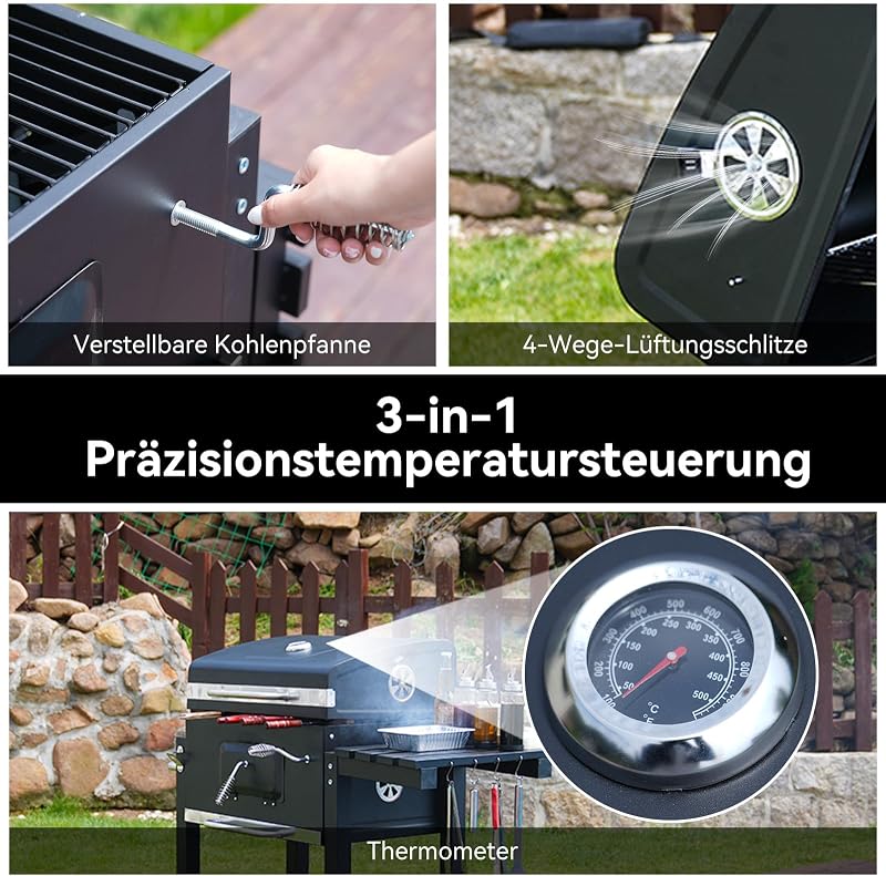 Holzkohlegrill, Grill mit Deckel, Grillfläche: 56×42.5 cm, Höhenverstellbare Kohlenwanne, Faltbarer Seitentisch, Mit Grillabdeckungen Wasserfest