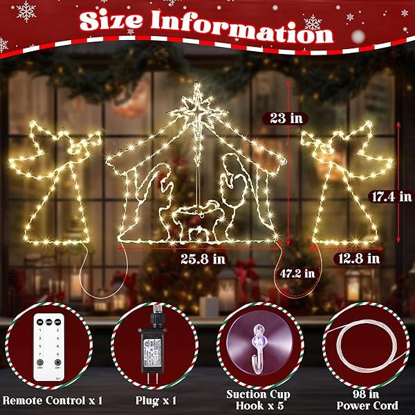ELECTRICWISE 51″ CHRISTMAS WINDOW LIGHTS, LARGE NATIVITY SCENE AND ANGEL FOR WINDOW DECORATIONS, 346 LEDS LIGHT UP NATIVITY & STAR OF BETHLEHEM WITH TIMER FOR INDOOR & OUTDOOR WALL XMAS DECOR(WHITE)