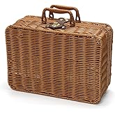 Mini Wicker Picnic Basket, Decorative Prop Suitcase Vintage Storage Hamper Makeup Organizer, 11.5" Metal Lock Plastic Rattan Storage Box with Handles for Sundries Travel Camping and Outdoor Party (L)